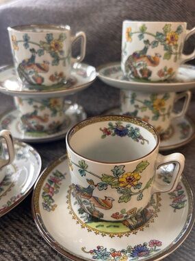 Vtg 1956 SPODE Copeland Peacock New Stone Demitasse Cup and Saucer Set #0330269